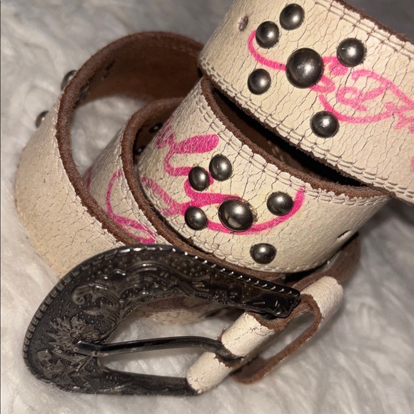 Vintage Ed Hardy Western Style White Leather“Love Kills Slowly” Belt, Size Small - Picture 2 of 16